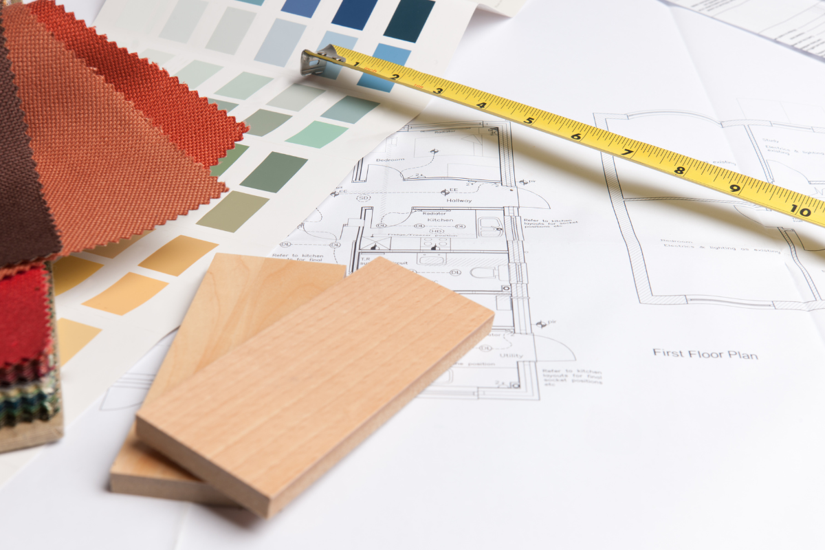 Kitchen design materials with a tape measure Kitchen design materials with a tape measure