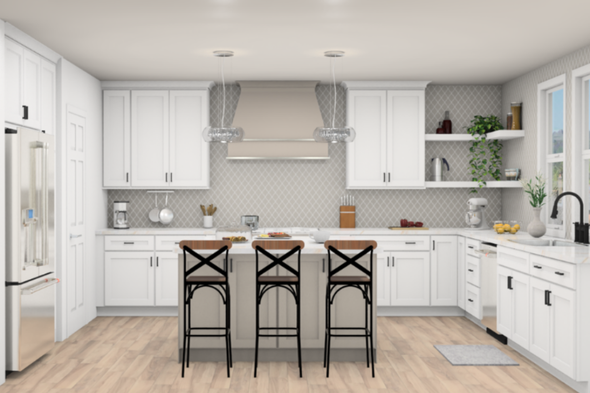 U-shaped white shaker kitchen with wood kitchen hood, a taupe-colored island with seating, and cream stone countertops U-shaped white shaker kitchen with wood kitchen hood, a taupe-colored island with seating, and cream stone countertops