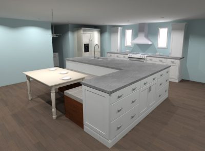 CliqStudios kitchen design rendering of custom banquette seating in white kitchen CliqStudios kitchen design rendering of custom banquette seating in white kitchen