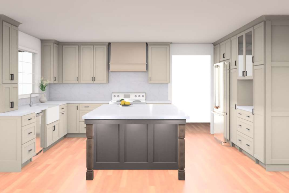 Large light gray shaker kitchen with a brown-stained island with decorative legs Large light gray shaker kitchen with a brown-stained island with decorative legs