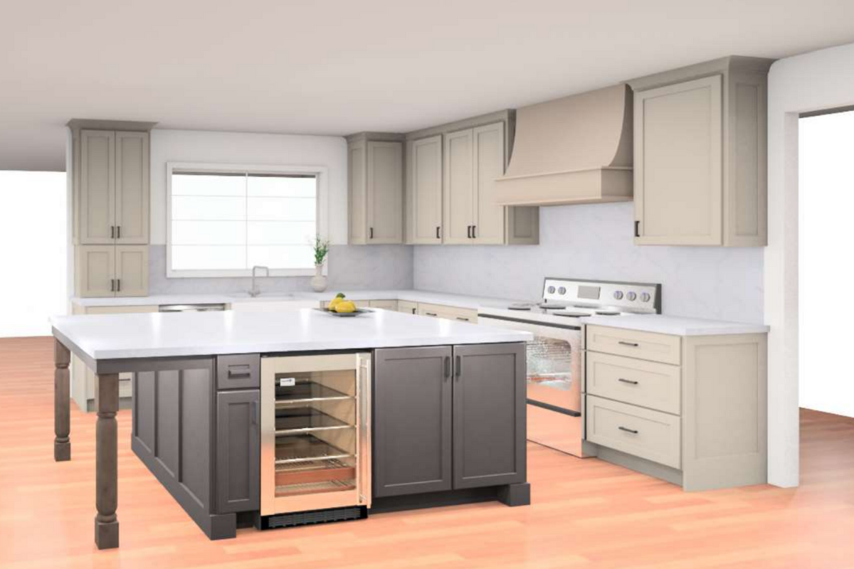 Large light gray shaker kitchen with a brown-stained island with decorative legs Large light gray shaker kitchen with a brown-stained island with decorative legs