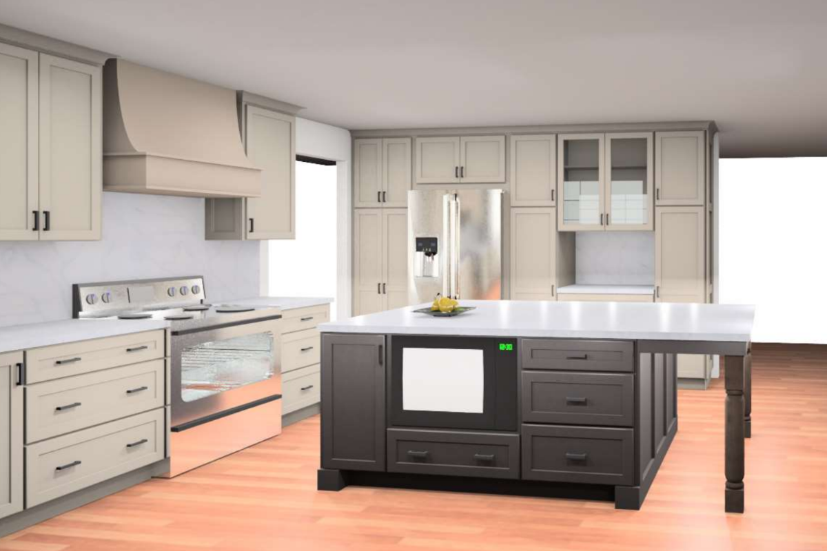 Large light gray shaker kitchen with a brown-stained island with decorative legs Large light gray shaker kitchen with a brown-stained island with decorative legs