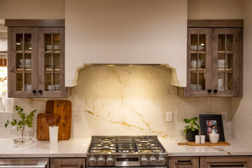 Mullion wall cabinets in medium wood Mullion framed kitchen wall cabinets in medium wood tone