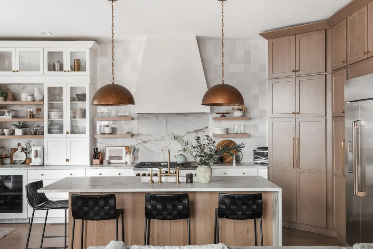 Two tone shaker kitchen design with medium wood pantry wall, white shaker coffee bar wall and wood tone island Two tone shaker kitchen design with medium wood pantry wall, white shaker coffee bar wall and wood tone island