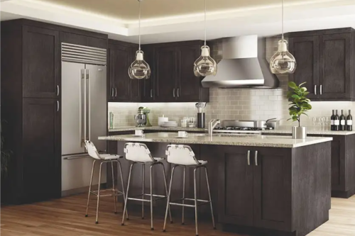 Northfield Smoke Grey kitchen cabinets L-shaped dark brown shaker cabinet kitchen with eat-in island seating and brushed nickel cabinet pulls