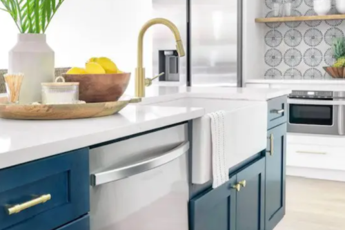 Northfield White and Ocean Blue kitchen cabinets White shaker kitchen design with ocean blue shaker island cabinets, gold hardware and a white porcelain farm sink