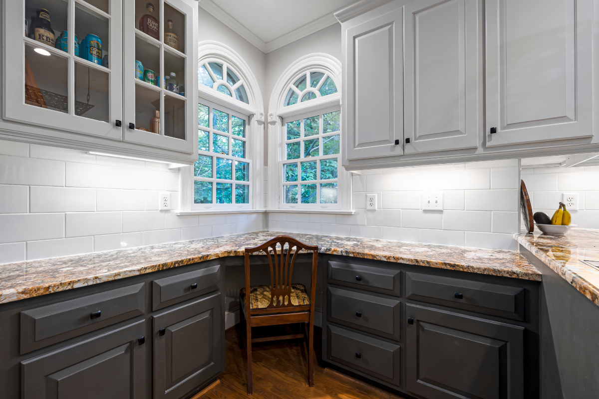 Partial overlay gray kitchen cabinets in raised panel door style Partial overlay gray kitchen cabinets