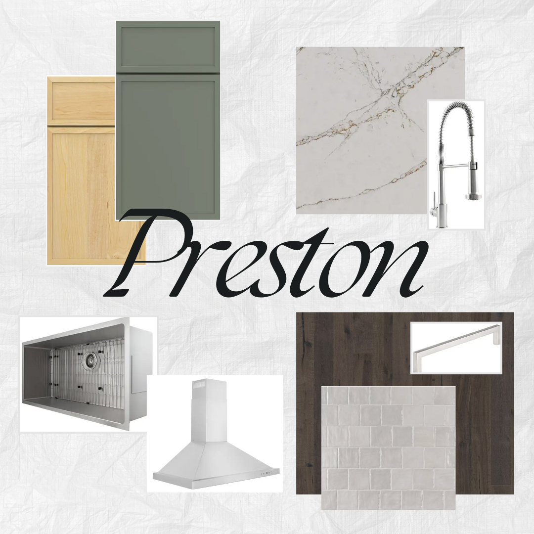 Skinny shaker door style mood board with green and natural cabinets plus marble quartz countertops Skinny shaker door style mood board with green and natural cabinets plus marble quartz countertops