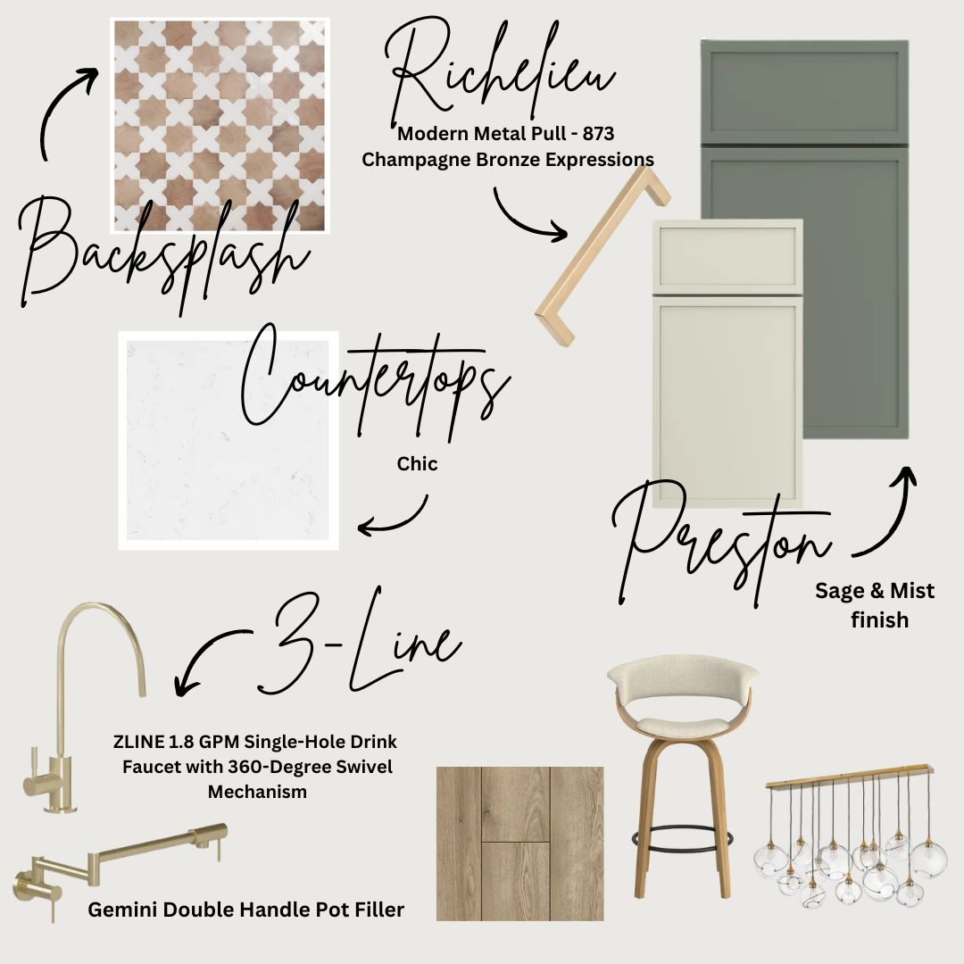 Skinny shaker door style mood board with sage and cream cabinets plus marble quartz countertops Skinny shaker door style mood board with sage and cream cabinets plus marble quartz countertops