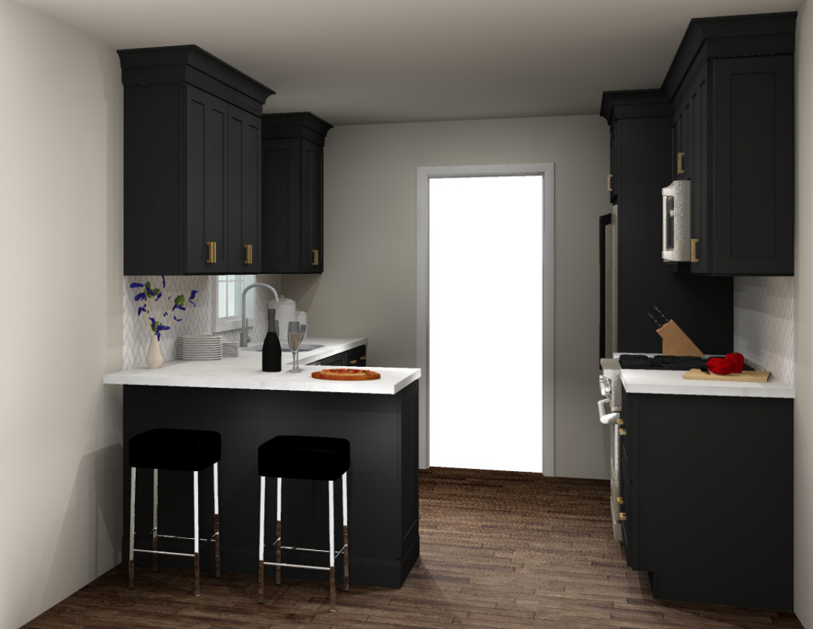 Small black shaker-style galley kitchen with peninsula, white countertops, and gold hardware Small black shaker-style galley kitchen with peninsula, white countertops, and gold hardware