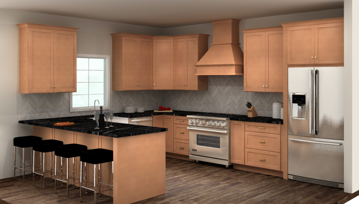 U-shaped maple-stained kitchen with peninsula and black countertops with large wood hood U-shaped maple-stained kitchen with peninsula and black countertops with large wood hood