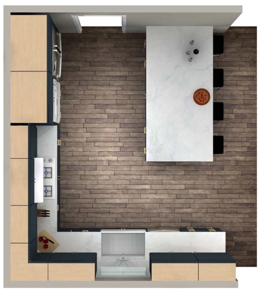 Top-down floor plan view of L-shaped kitchen with peninsula in slab door style painted black Top-down floor plan view of L-shaped kitchen with peninsula in slab door style painted black