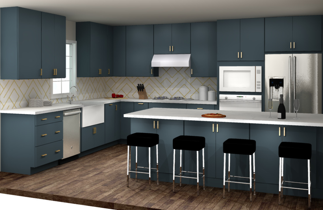 Indigo blue L-shaped kitchen and island with gold hardware and white countertops Indigo blue L-shaped kitchen and island with gold hardware and white countertops