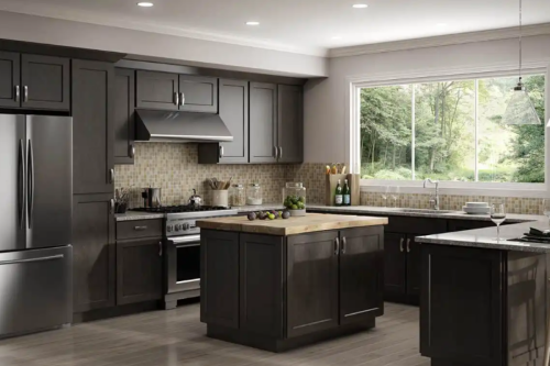 Shaker Smoke Grey kitchen cabinets Large U-shaped shaker kitchen design with dark wood kitchen cabinets and island with brushed nickel cabinet pulls