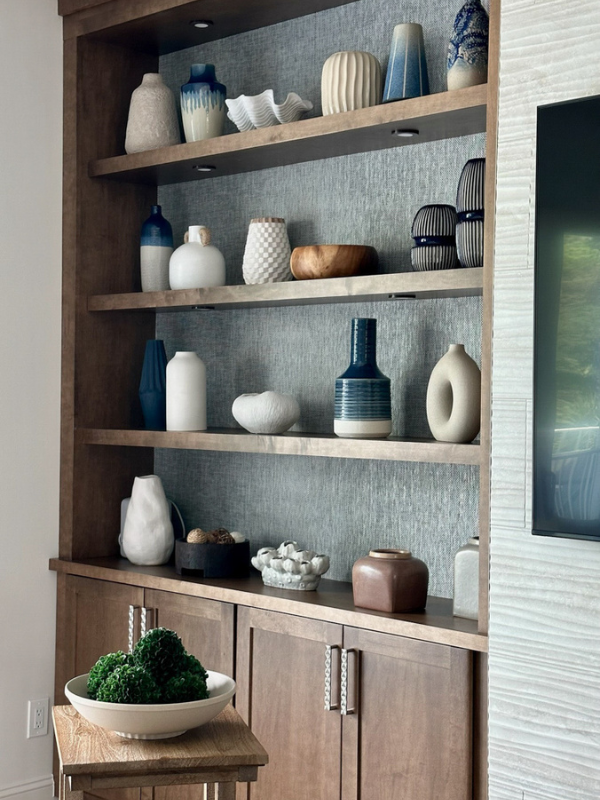 Dark brown stained shaker bookcase cabinets with floating shelves above Dark brown stained shaker bookcase cabinets with floating shelves above
