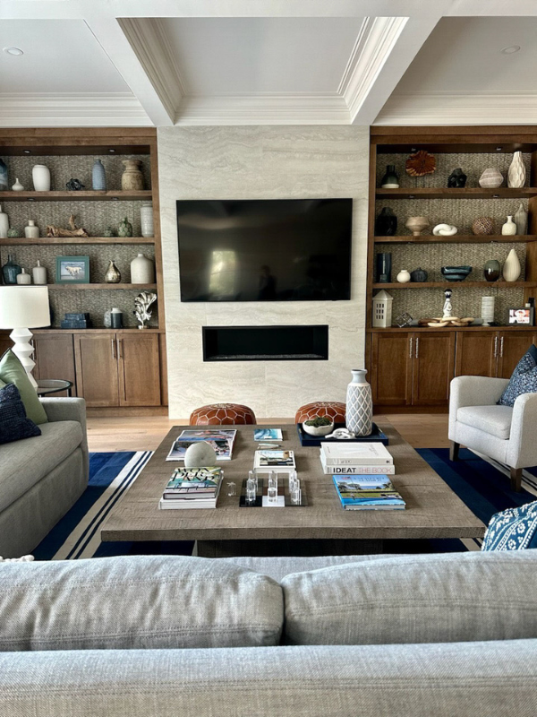 Dark brown stained shaker bookcase cabinets with floating shelves above Dark brown stained shaker bookcase cabinets with floating shelves above