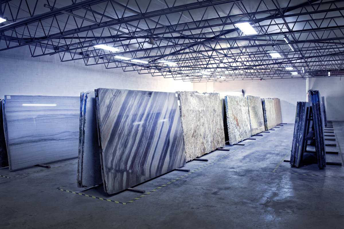 Stone countertop slabs on easels Stone countertop slabs on easels