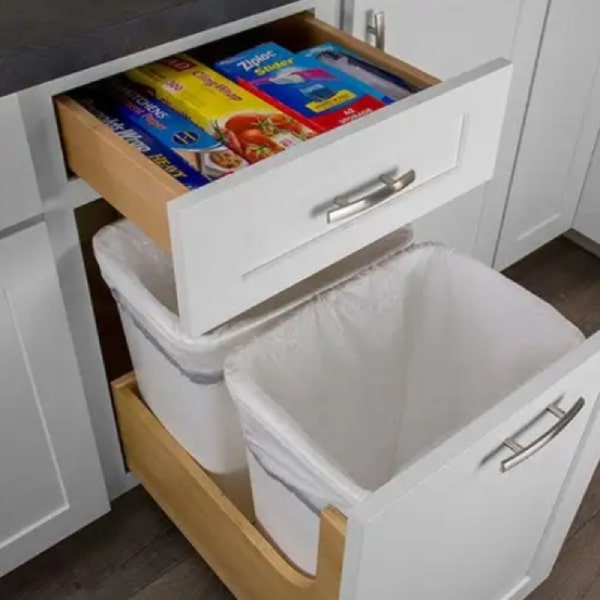 Pull-out waste basket cabinet White shaker base cabinet with pull-out waste basket