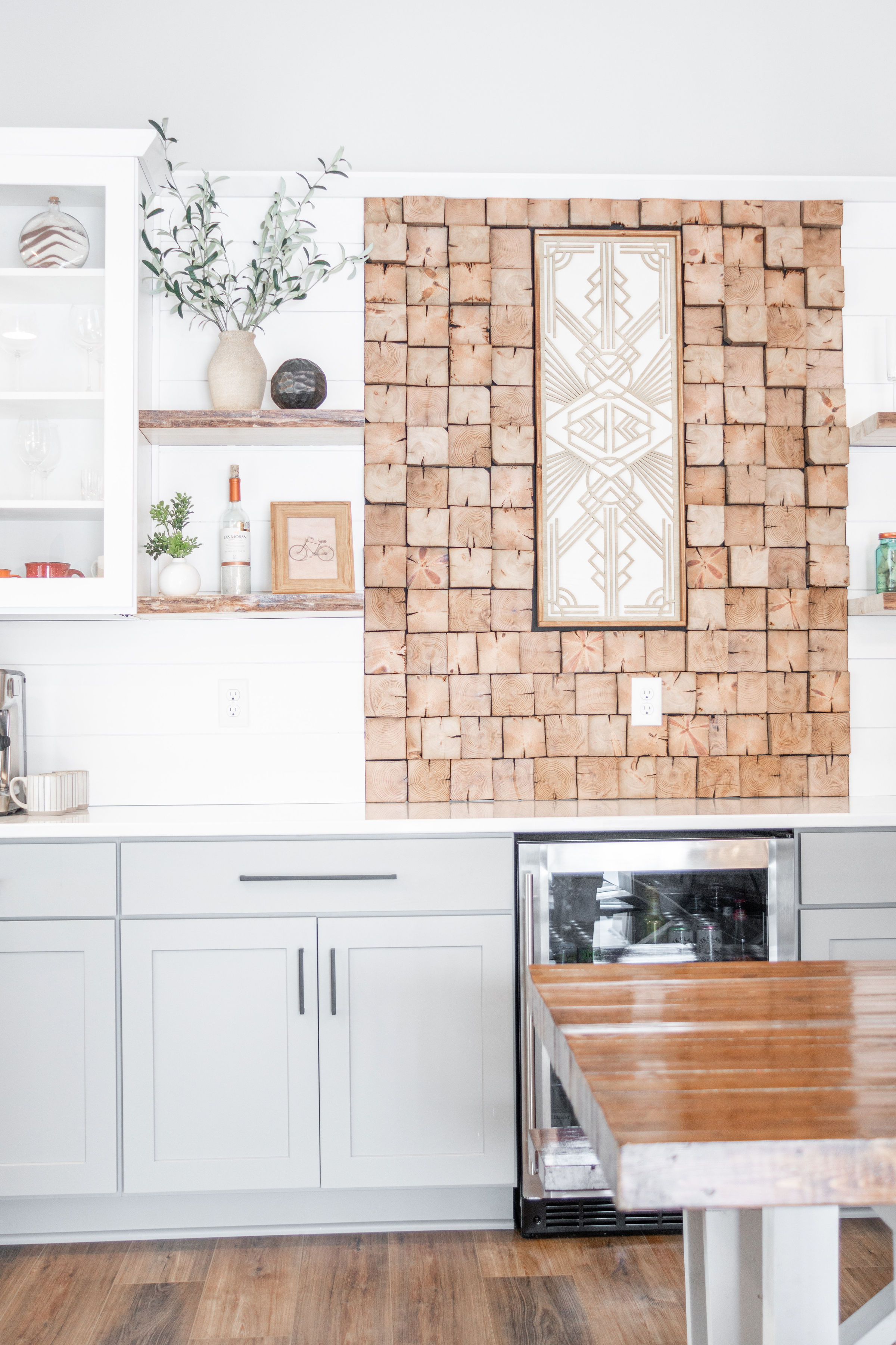 CliqStudios project: White and light gray shaker buffet cabinets and white subway tile backsplash and geometric wall paper CliqStudios project: White and light gray shaker buffet cabinets and white subway tile backsplash and geometric wall paper
