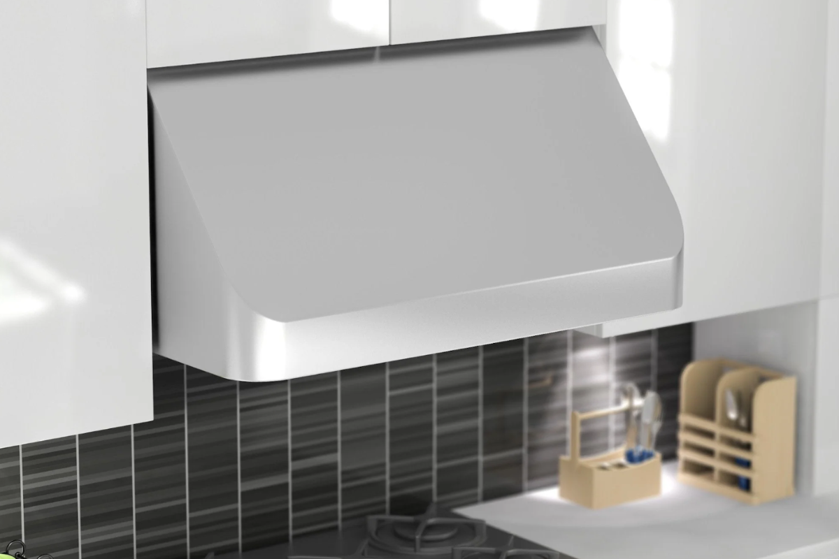 Stainless steel angled undermount range hood with rounded corners Stainless steel angled undermount range hood with rounded corners