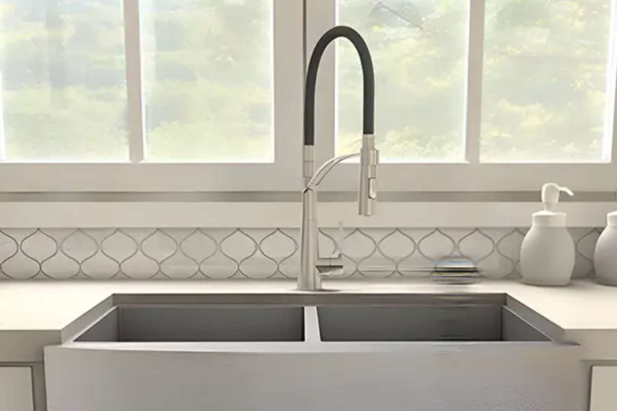 Two-tone brushed nickel and matte black pull-down kitchen faucet Two-tone brushed nickel and matte black pull-down kitchen faucet