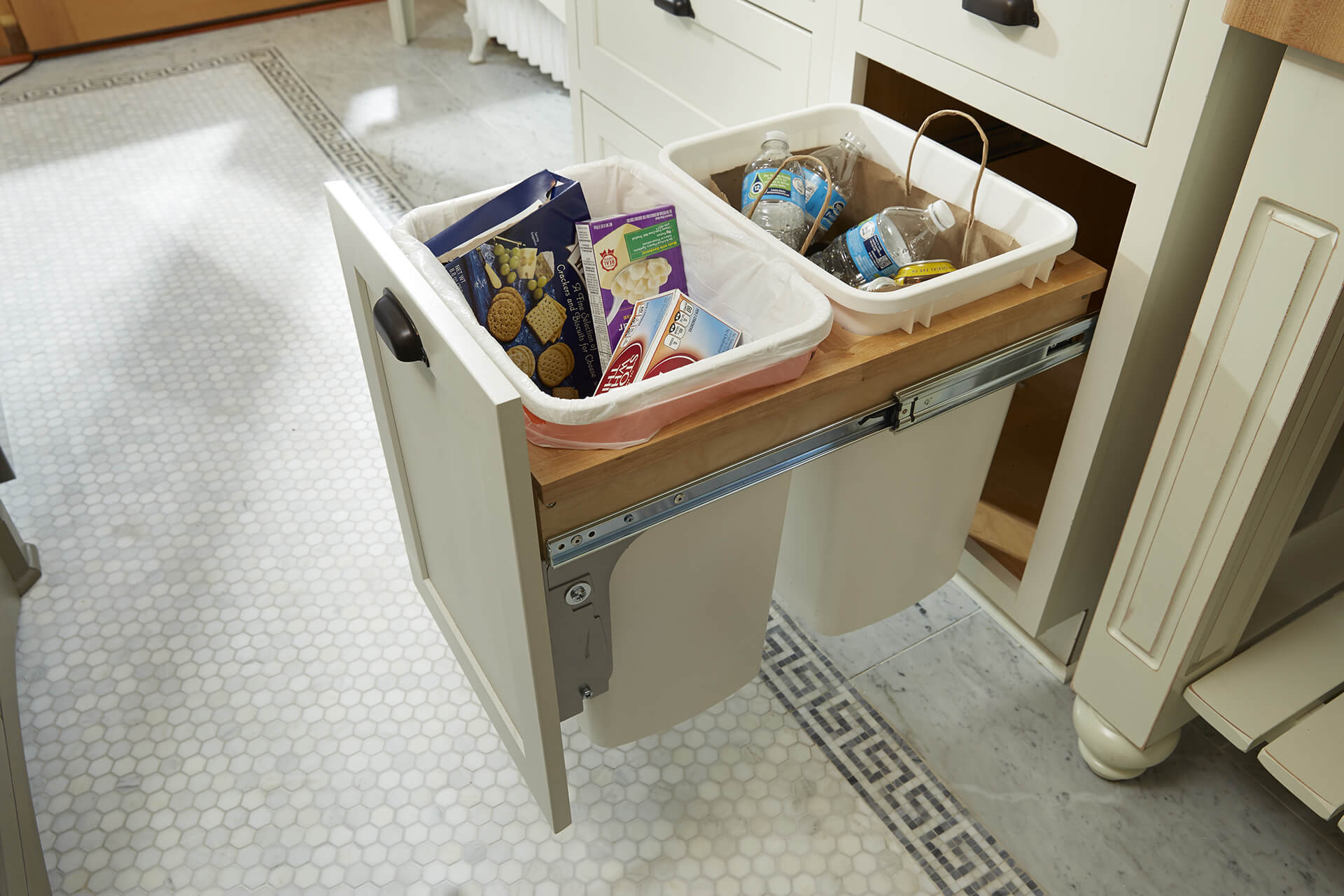 Waste Bin Storage – One of the most popular kitchen pull-out cabinet organizers. This image is of one of the most popular kitchen pull-out cabinet organizers – Waste Bin Storage.