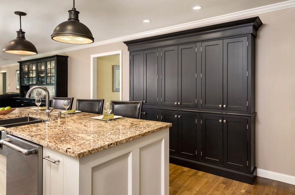 Kitchen with Shaker door Shaker Inset-style cabinets in painted White with a tall built-in hutch in Shaker Inset painted Black Kitchen with Shaker door Shaker Inset-style cabinets in painted White with a tall built-in hutch in Shaker Inset painted Black