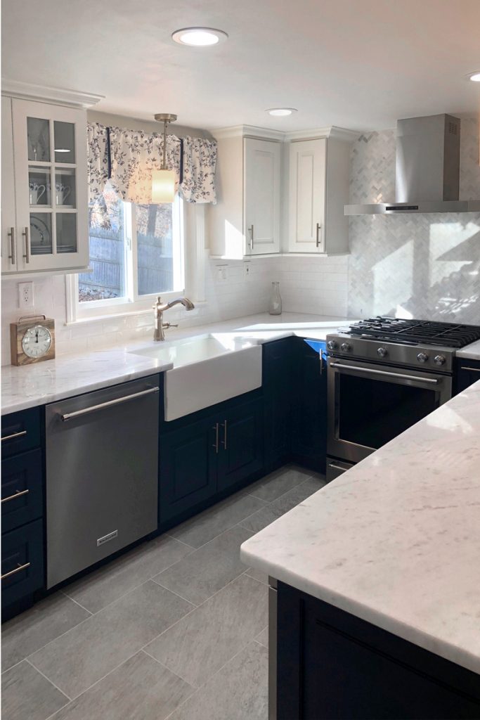 Bright Blue and white kitchen with corner cabinet Lazy Susan Bright Blue and white kitchen with corner cabinet Lazy Susan