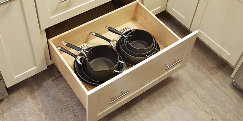CliqStudios Shaker style pots and pans deep drawer Painted Cream cabinet with stacked cookware