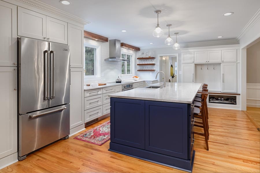two-tone kitchen with white cabinetry and blue kitchen island two-tone kitchen with white cabinetry and blue kitchen island