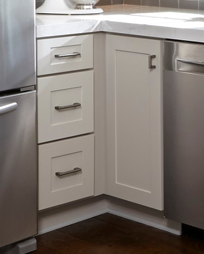 closeup of white shaker cabinets in corner showing spacer by the drawer base and door-only cabinet used to allow cabinets to open freely past projecting bar pulls closeup of white shaker cabinets in corner showing spacer by the drawer base and door-only cabinet used to allow cabinets to open freely past projecting bar pulls