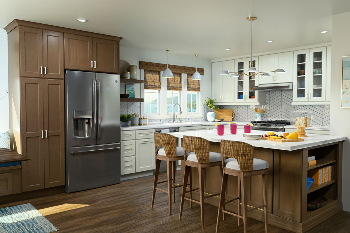 Two-tone kitchen with painted white surround and chocolate brown stained island and pantry section Two-tone kitchen with painted white surround and chocolate brown stained island and pantry section