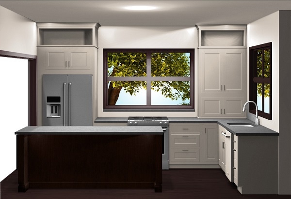 Computer-generated image of kitchen with large window over cooktop and dark cabinets in center island Computer-generated image of kitchen with large window over cooktop and dark cabinets in center island