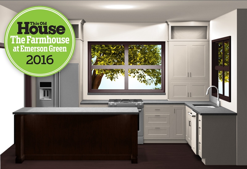 computer rendering of kitchen with dark island cabinets, light gray wall cabinets and logo this old house idea house 2016 the farmhous at emerson green computer rendering of kitchen with dark island cabinets, light gray wall cabinets and logo this old house idea house 2016 the farmhous at emerson green