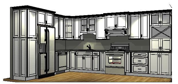computer-generated rendering of kitchen with glass door cabinets computer-generated rendering of kitchen with glass door cabinets