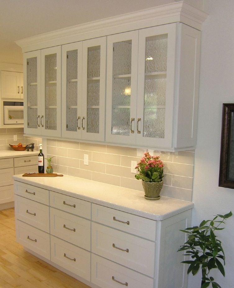 shallow buffet built of white shaker cabinets with textured glass doors and sash pulls shallow buffet built of white shaker cabinets with textured glass doors and sash pulls