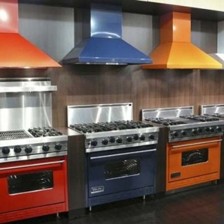 Viking pro ranges in red, blue and orange Viking pro ranges in red, blue and orange